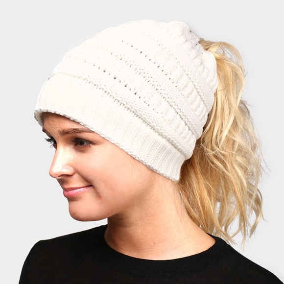 Accessories - NWT Messy Bun Beanie Ponytail Stretchy Knit Hat